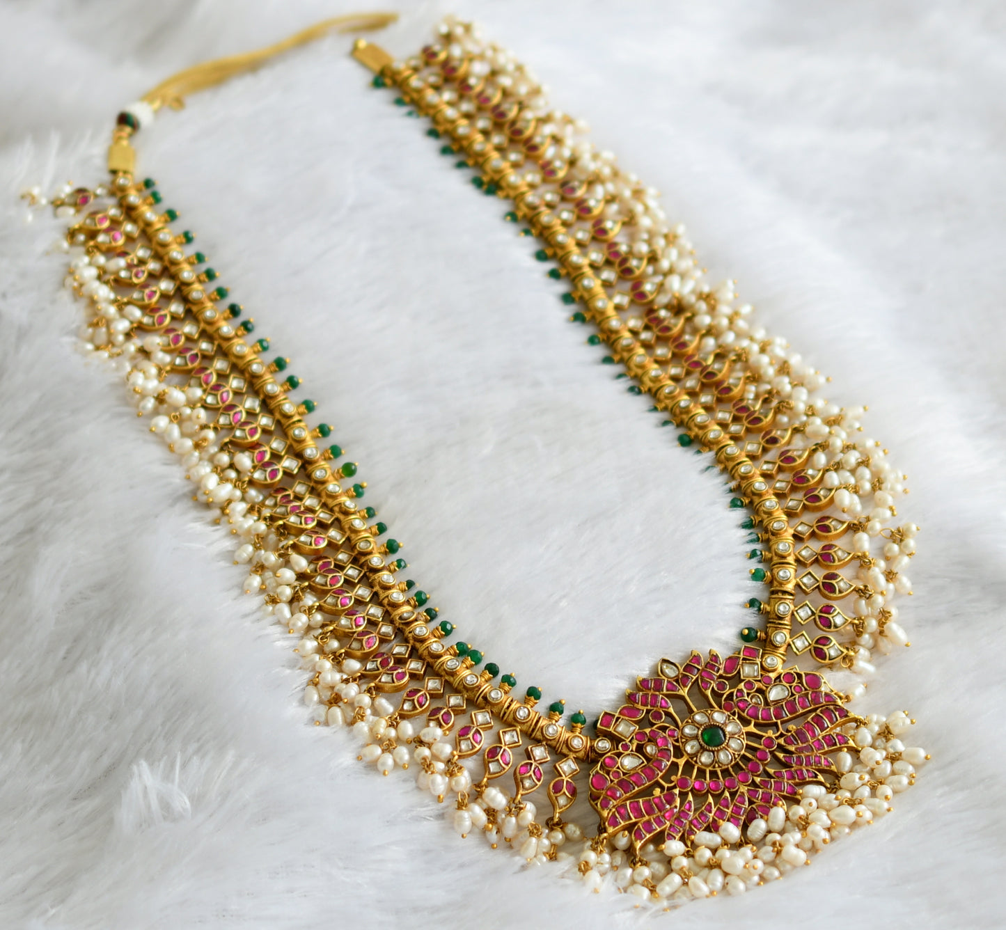 Gold tone pink-green-white kundan jadau peacock-mango gutta pusalu haar dj-38172