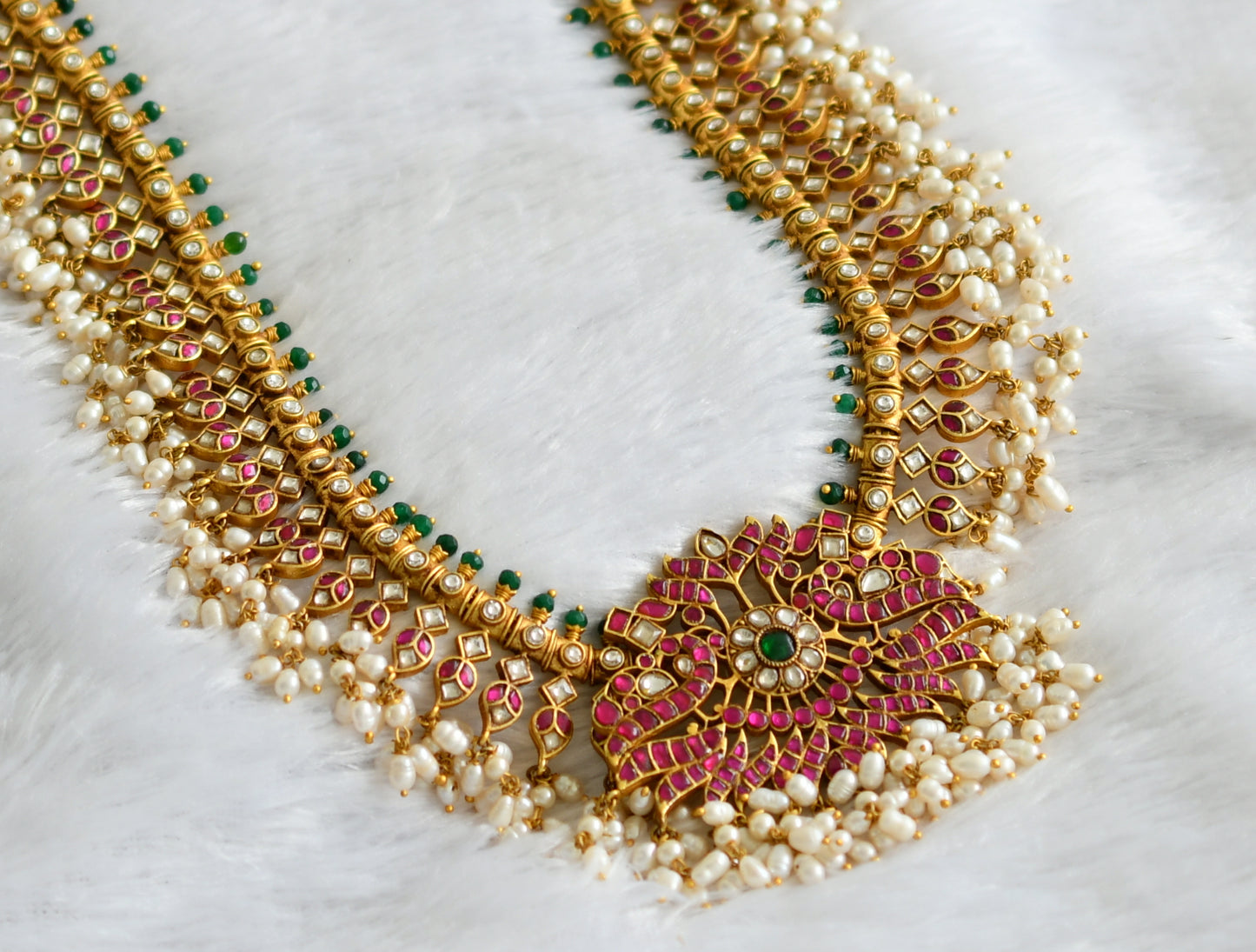 Gold tone pink-green-white kundan jadau peacock-mango gutta pusalu haar dj-38172