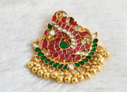 Gold tone pink-green-white kundan jadau peacock pendant dj-48800