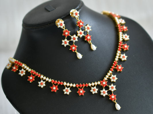 Gold tone pearl-coral stone flower necklace set dj-43722
