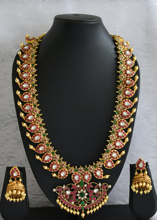 Antique Gold tone White Kemp-green Mango Jadau Kundan Replica Haar Set DJ33260