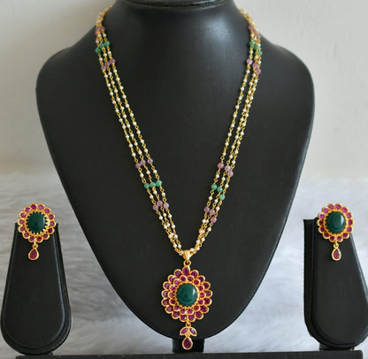 Gold tone pink-green pearl chain with ruby-green uncut polki pendant set dj-50742