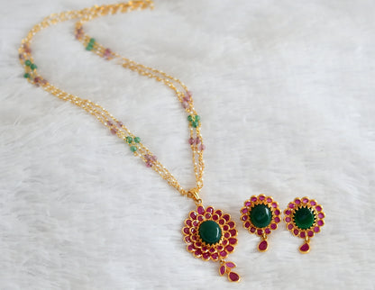 Gold tone pink-green pearl chain with ruby-green uncut polki pendant set dj-50742
