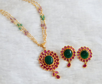 Gold tone pink-green pearl chain with ruby-green uncut polki pendant set dj-50742