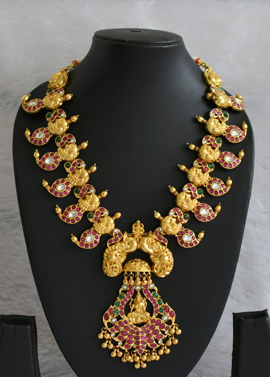 Antique gold tone pink-green kundan jadau Lakshmi-mango short haar set dj-35912