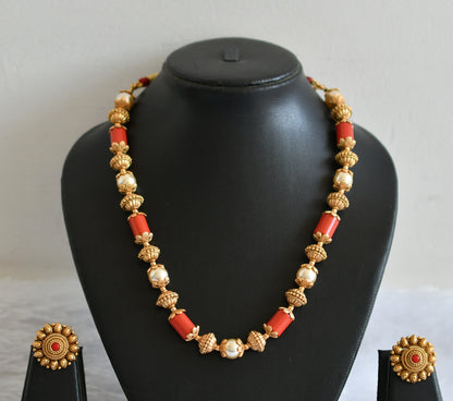 Matte finish coarl-pearl beaded necklace set dj-50741