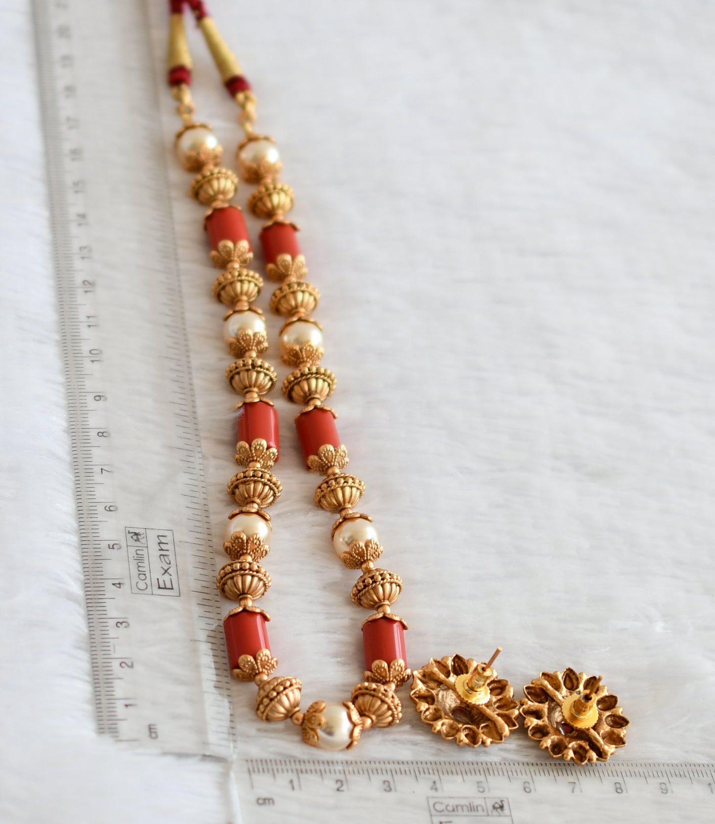 Matte finish coarl-pearl beaded necklace set dj-50741