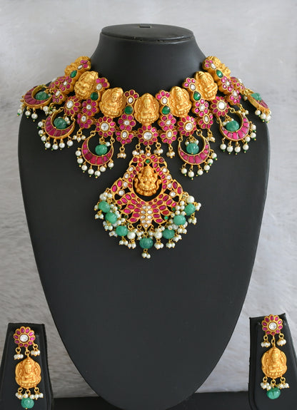 Gold tone pink-green-white kundan jadau Lakshmi necklace set dj-39570