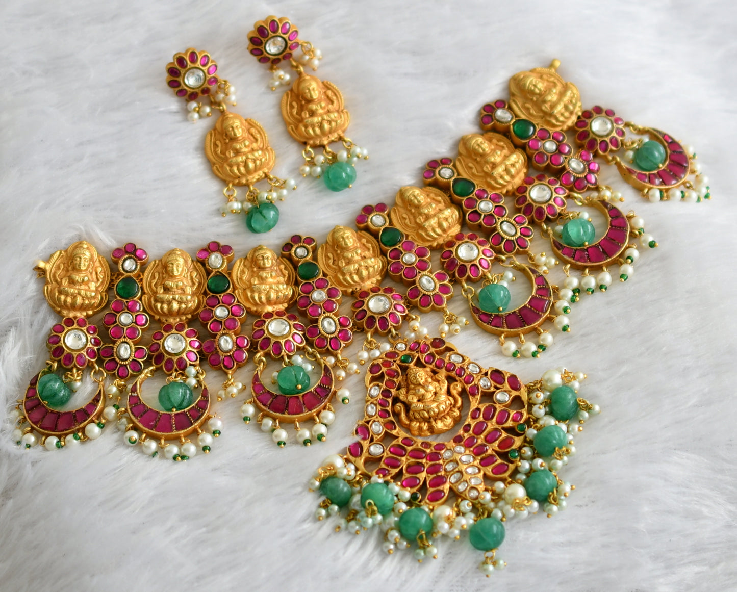 Gold tone pink-green-white kundan jadau Lakshmi necklace set dj-39570