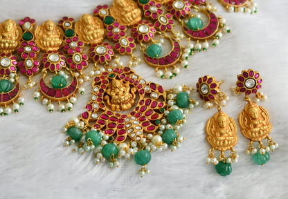 Gold tone pink-green-white kundan jadau Lakshmi necklace set dj-39570