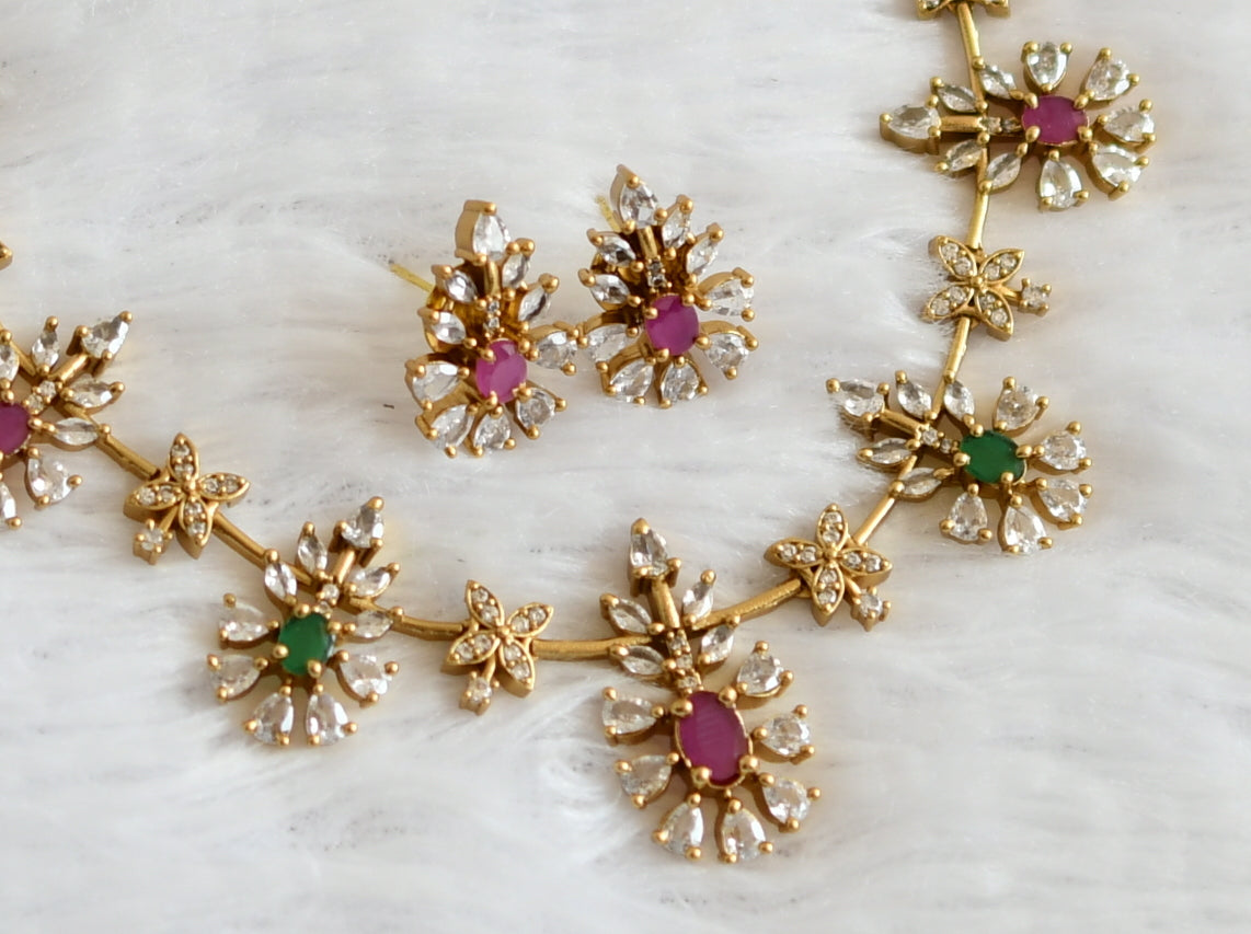 Matte finish ruby-green-white flower necklace dj-50739