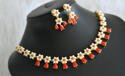 Gold tone coral-pearl stone flower necklace set dj-43711