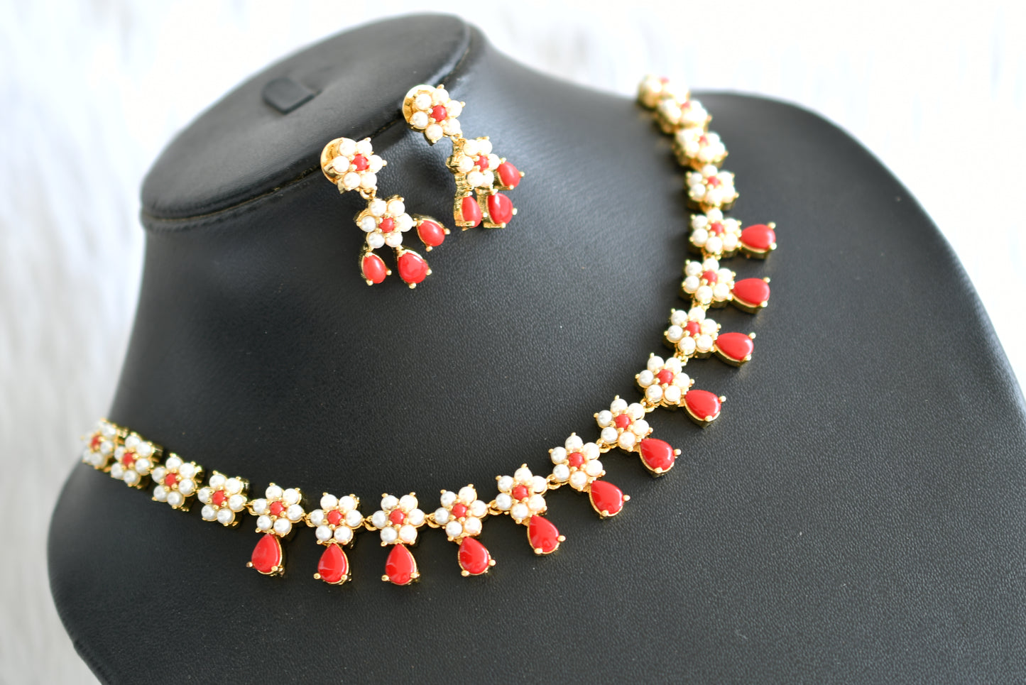 Gold tone coral-pearl stone flower necklace set dj-43711