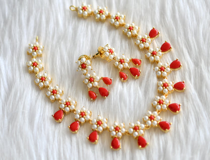 Gold tone coral-pearl stone flower necklace set dj-43711