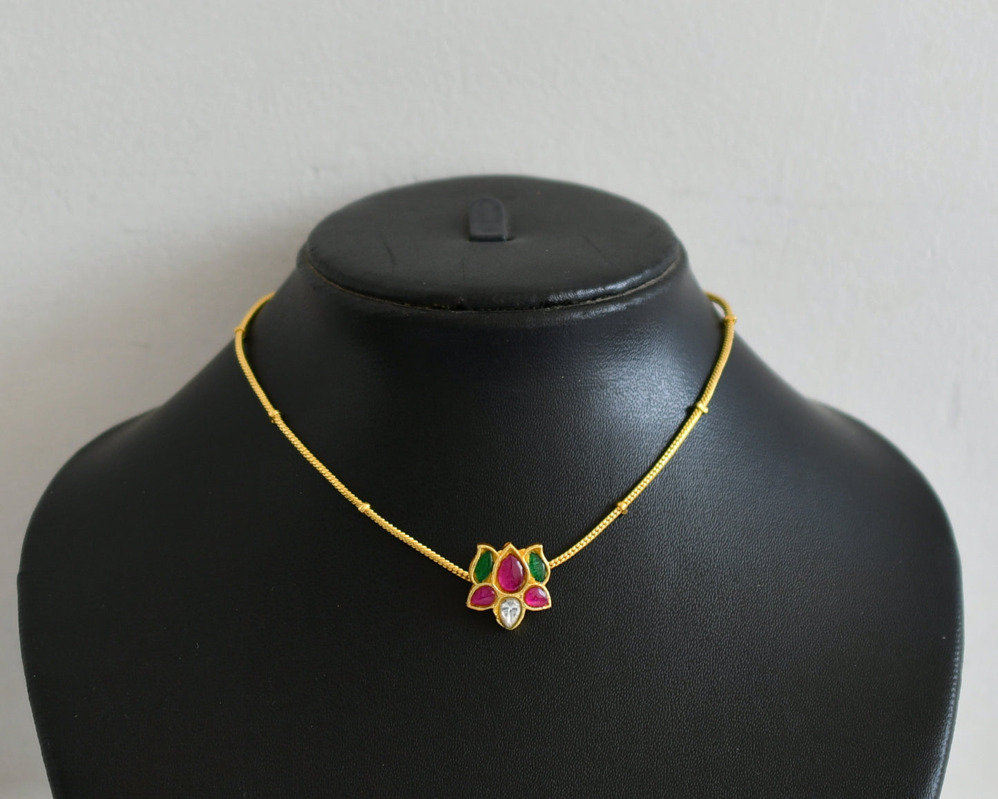 Gold tone pink-green lotus kundan jadau kids choker necklace dj-50744