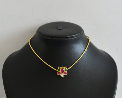 Gold tone pink-green lotus kundan jadau kids choker necklace dj-50744