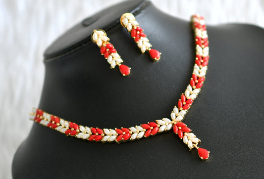 Gold tone pearl-coral stone necklace set dj-43732