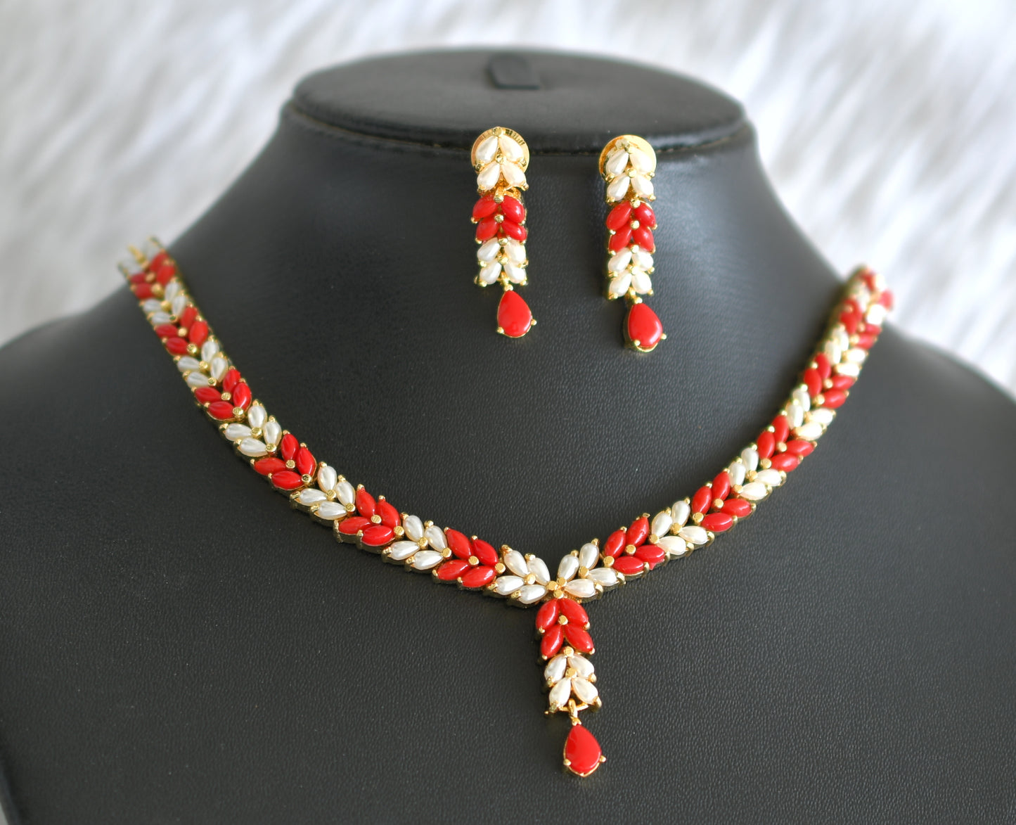 Gold tone pearl-coral stone necklace set dj-43732