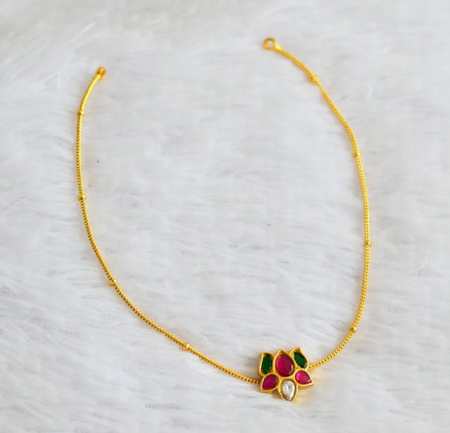 Gold tone pink-green lotus kundan jadau kids choker necklace dj-50744