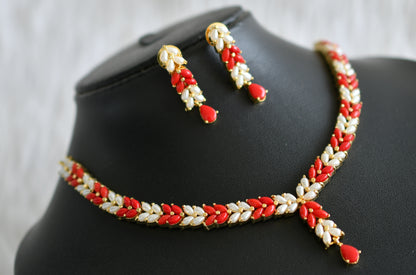 Gold tone pearl-coral stone necklace set dj-43732