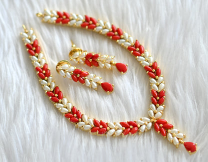 Gold tone pearl-coral stone necklace set dj-43732