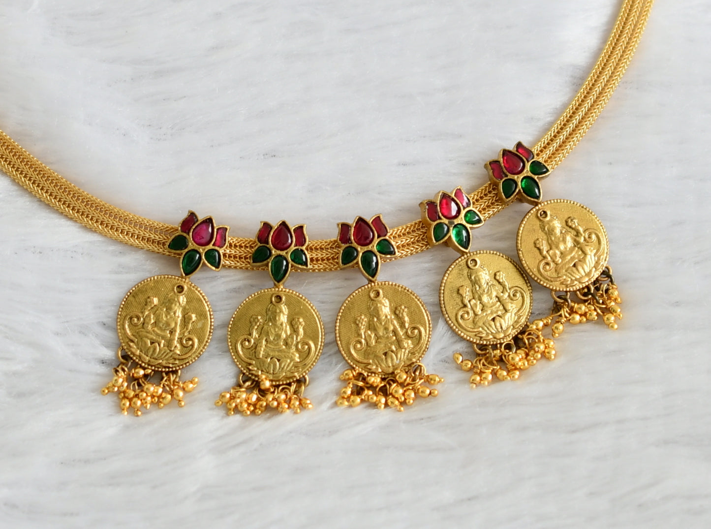 Gold tone kundan jadau lakshmi coin-lotus designer necklace dj-34152