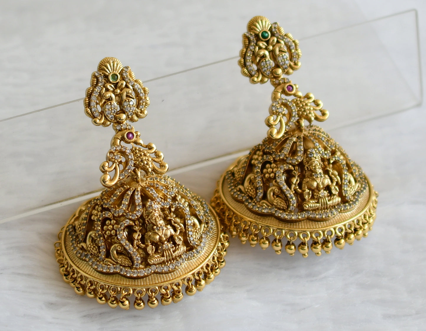 Antique goldd tone cz white lakshmi peacock big jhummka dj-50748