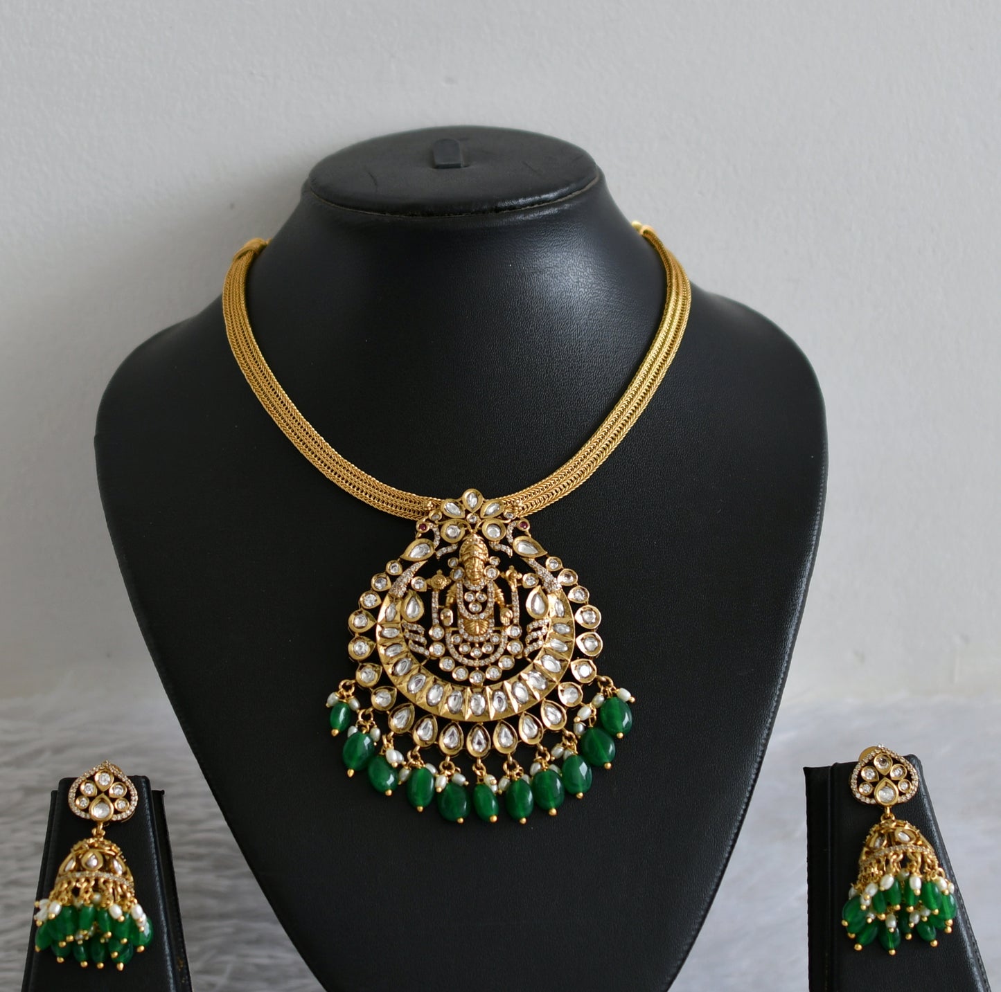 Antique gold tone cz white kundan jadau green beaded peacock Thirumal necklace set dj-48822