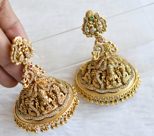 Antique goldd tone cz white lakshmi peacock big jhummka dj-50748