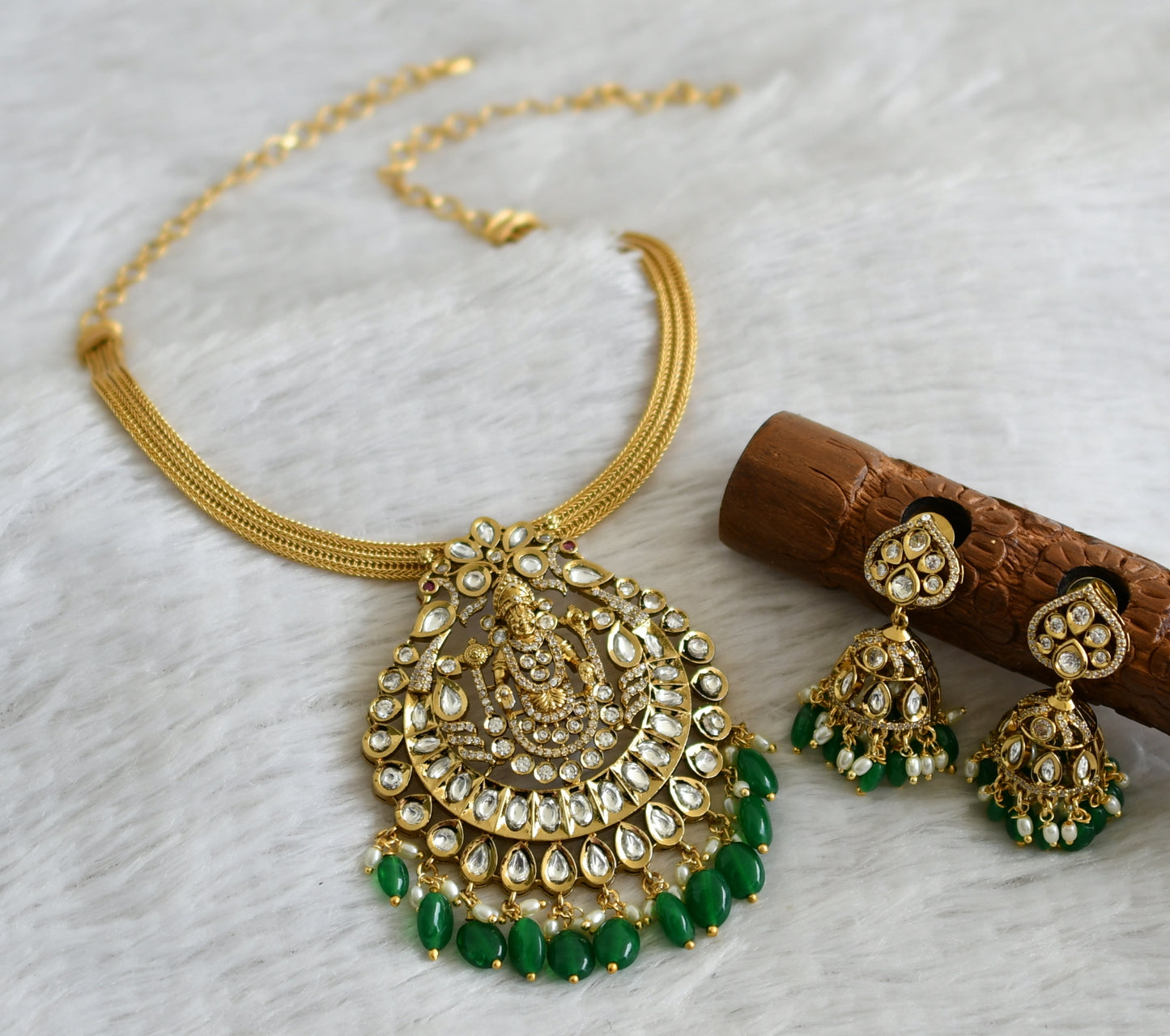 Antique gold tone cz white kundan jadau green beaded peacock Thirumal necklace set dj-48822