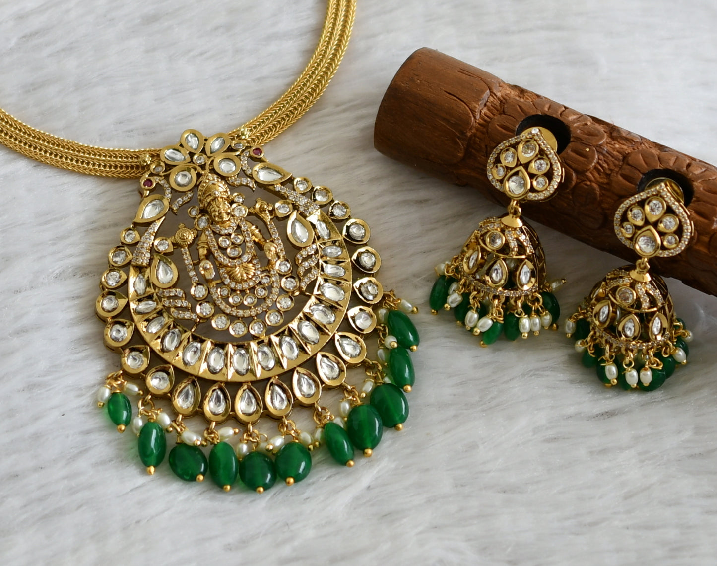 Antique gold tone cz white kundan jadau green beaded peacock Thirumal necklace set dj-48822