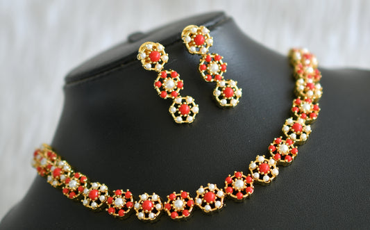 Gold tone pearl-coral stone necklace set dj-43727