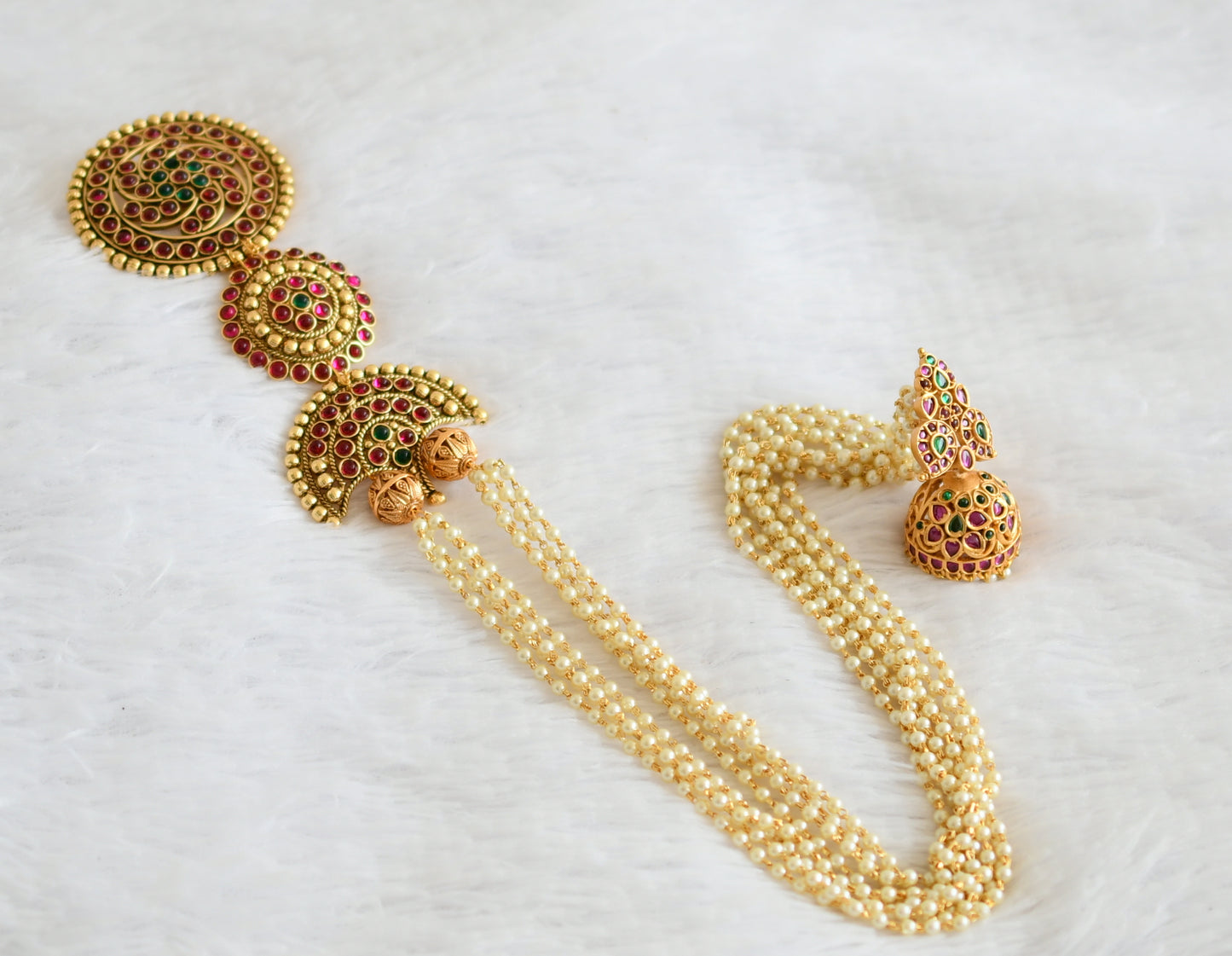 Antique gold tone kemp-green pearl hair jewel dj-50752