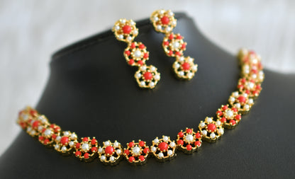 Gold tone pearl-coral stone necklace set dj-43727