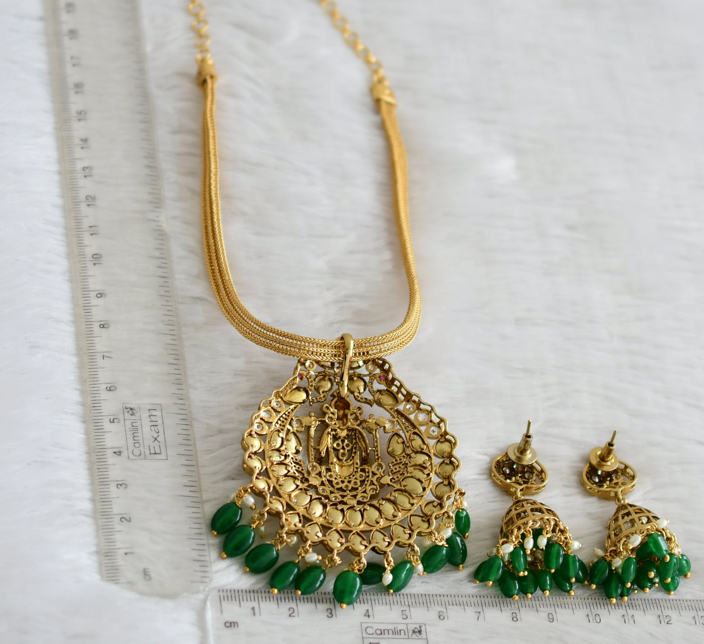 Antique gold tone cz white kundan jadau green beaded peacock Thirumal necklace set dj-48822