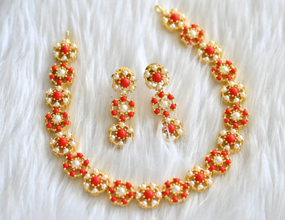 Gold tone pearl-coral stone necklace set dj-43727