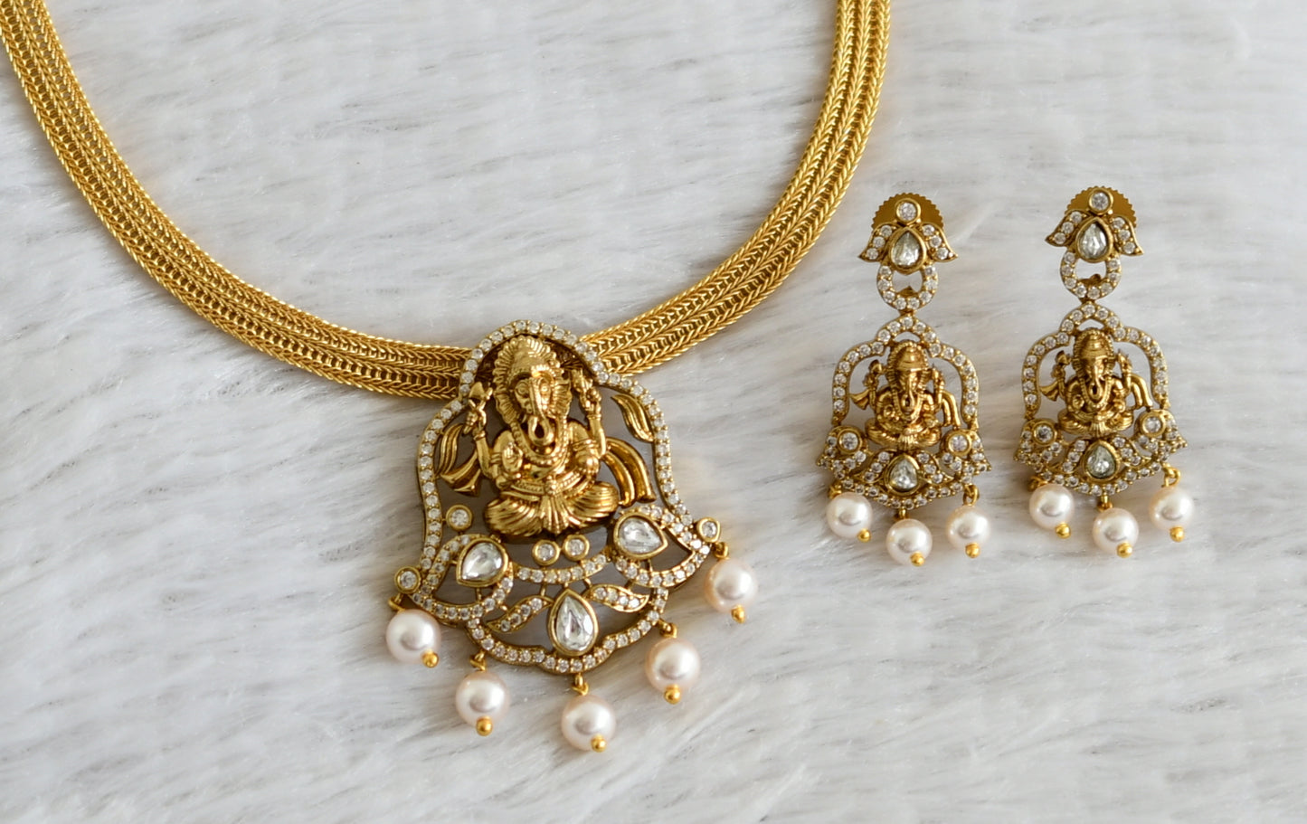 Matte finish cz white stone Ganesha necklace set dj-48820