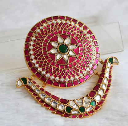 Gold tone pink-green-white kundan jadau big round flower pendant/hair jwell dj-50732