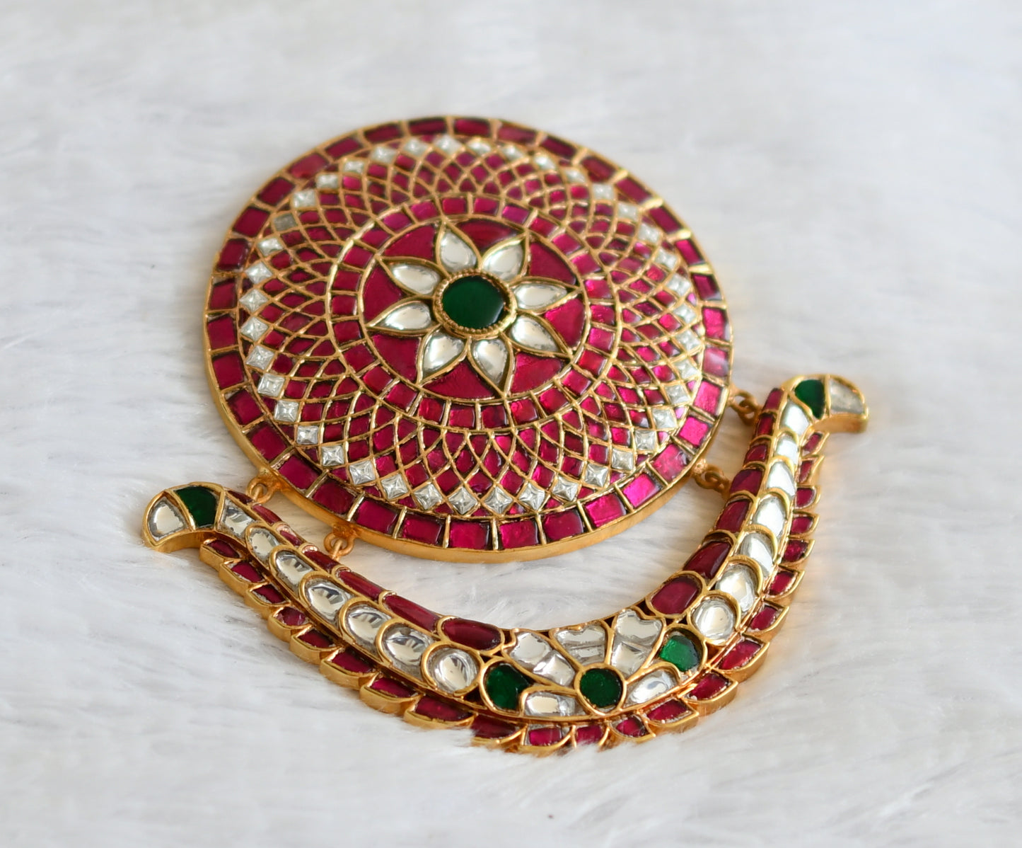 Gold tone pink-green-white kundan jadau big round flower pendant/hair jwell dj-50732
