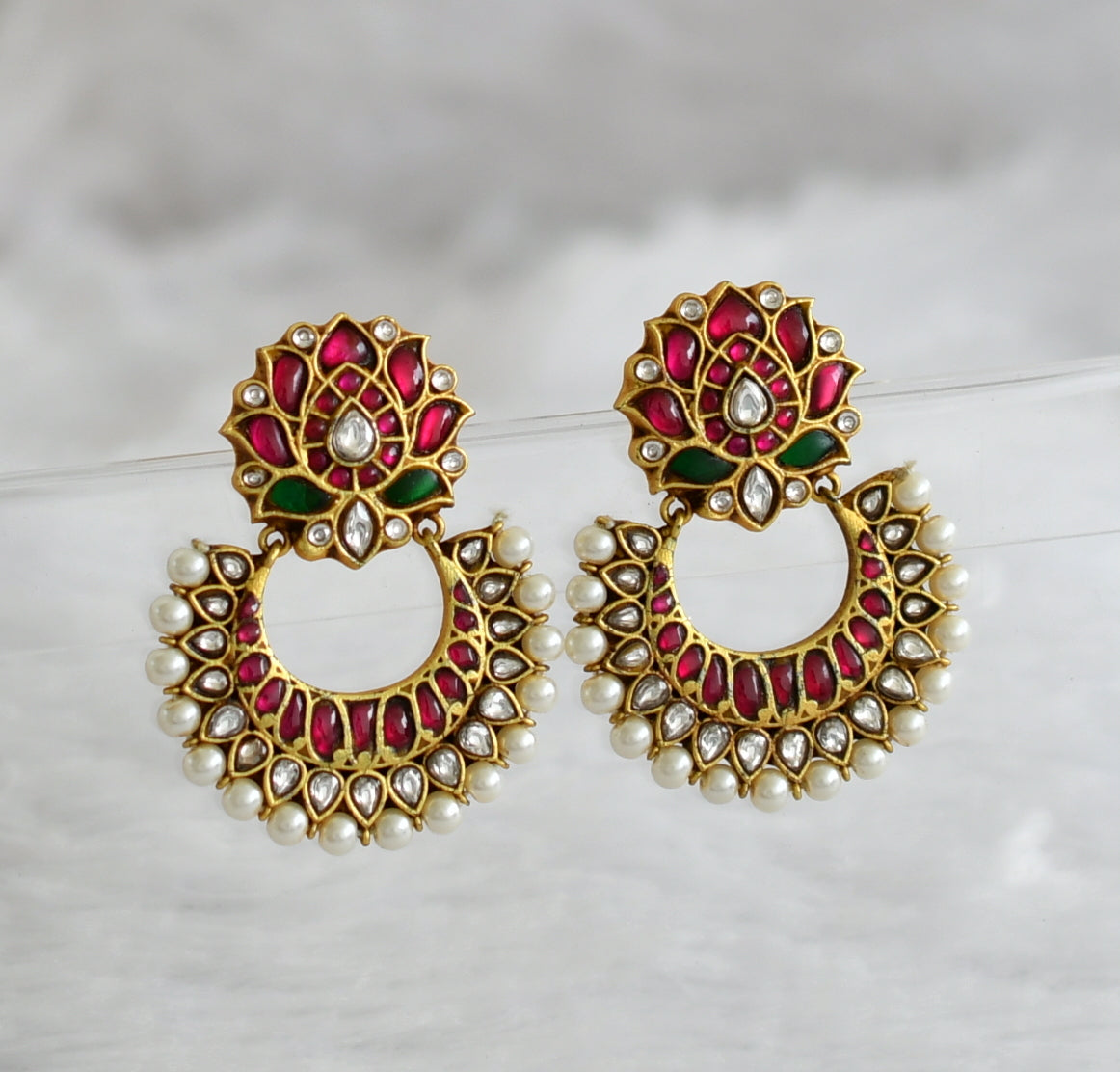 Antique Gold Look Alike Kemp-green Lotus Jadau Kundan Earrings dj-33248