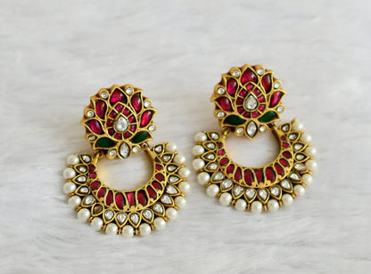 Antique Gold Look Alike Kemp-green Lotus Jadau Kundan Earrings dj-33248