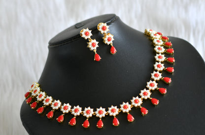 Gold tone pearl-coral stone flower necklace set dj-43712