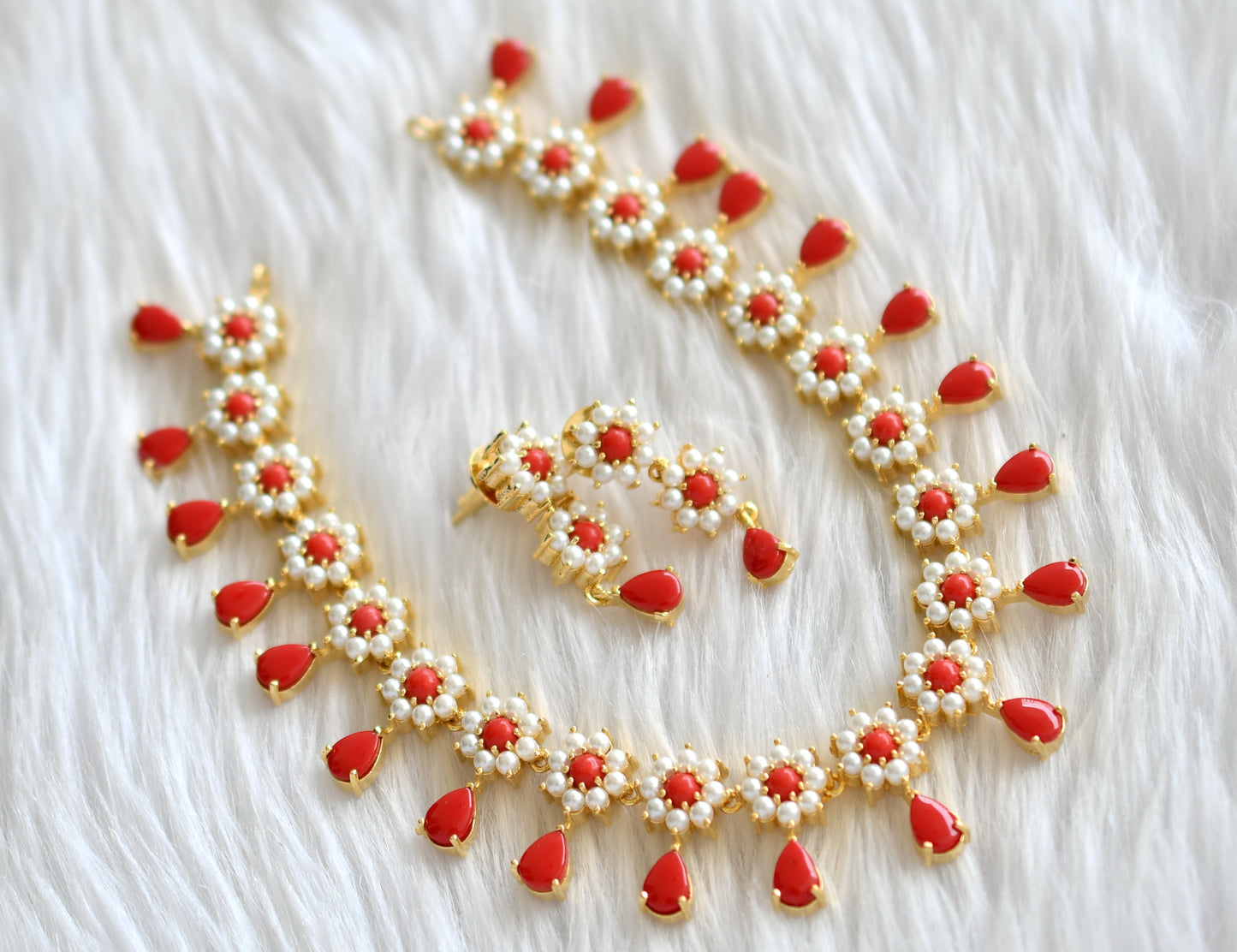 Gold tone pearl-coral stone flower necklace set dj-43712