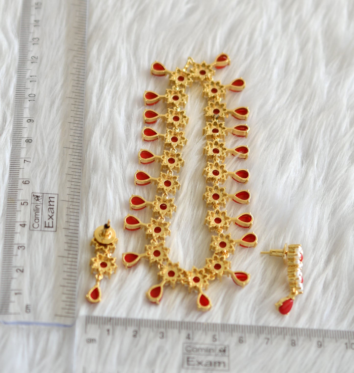 Gold tone pearl-coral stone flower necklace set dj-43712