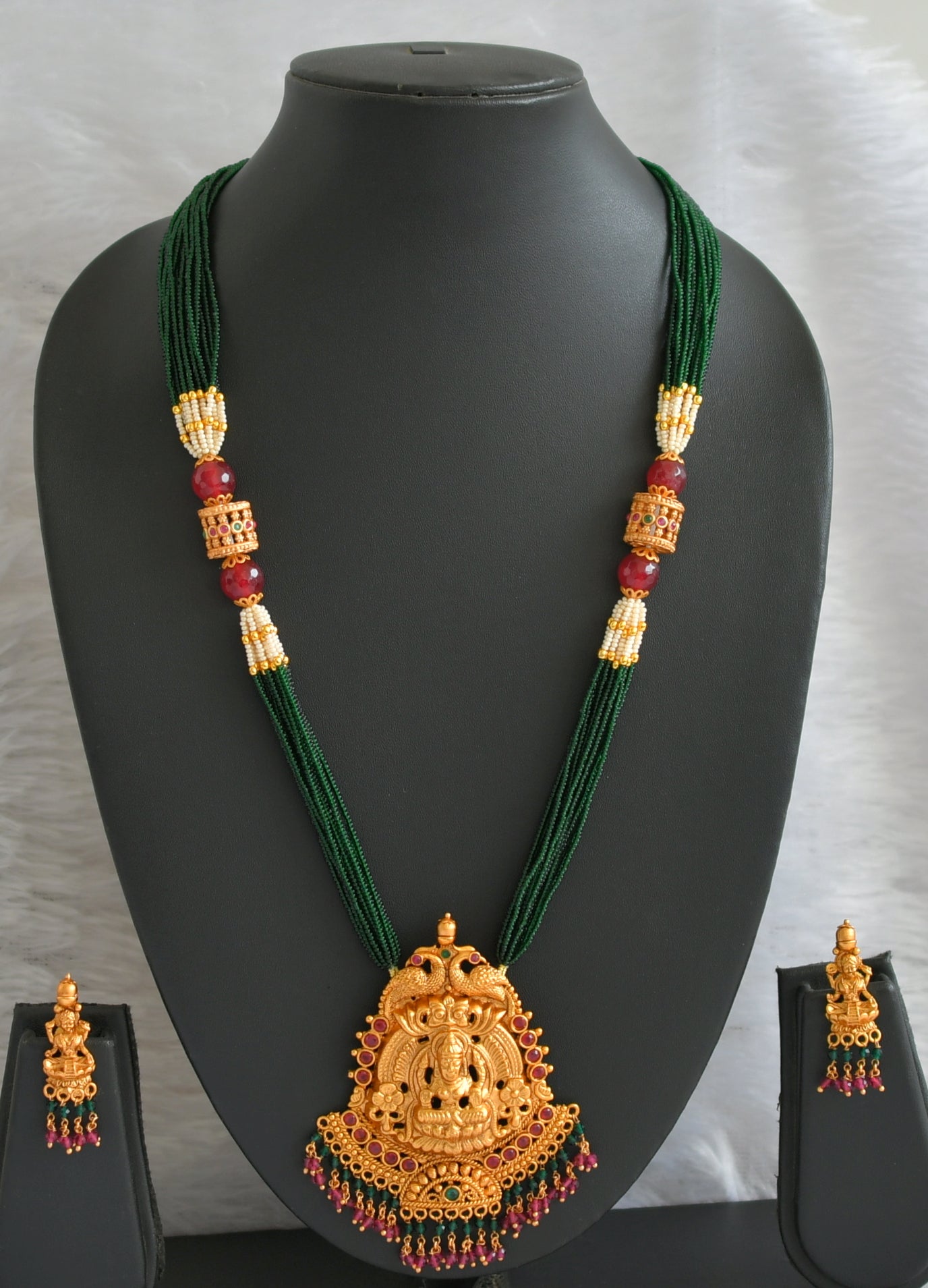 Matte Finish Ruby-green Lakshmi Green Beaded Long Necklace Set DJ28092