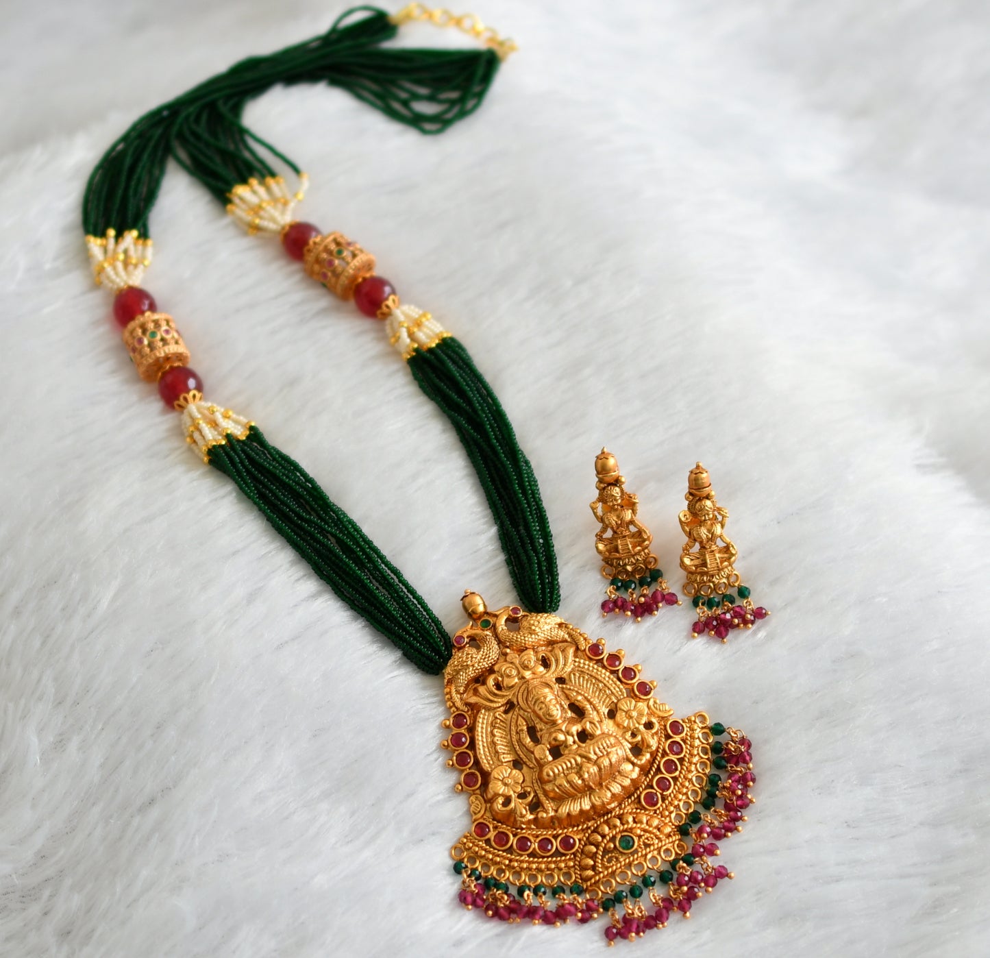 Matte Finish Ruby-green Lakshmi Green Beaded Long Necklace Set DJ28092