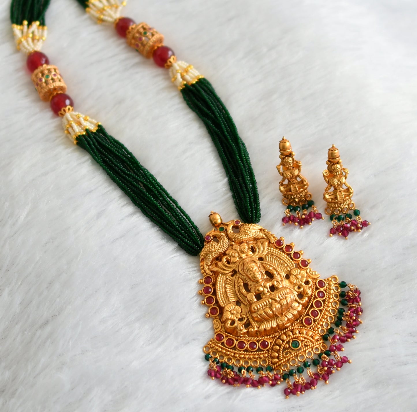 Matte Finish Ruby-green Lakshmi Green Beaded Long Necklace Set DJ28092