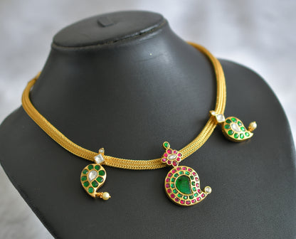 Gold tone pink-green-white kundan jadau mango necklace dj-47041