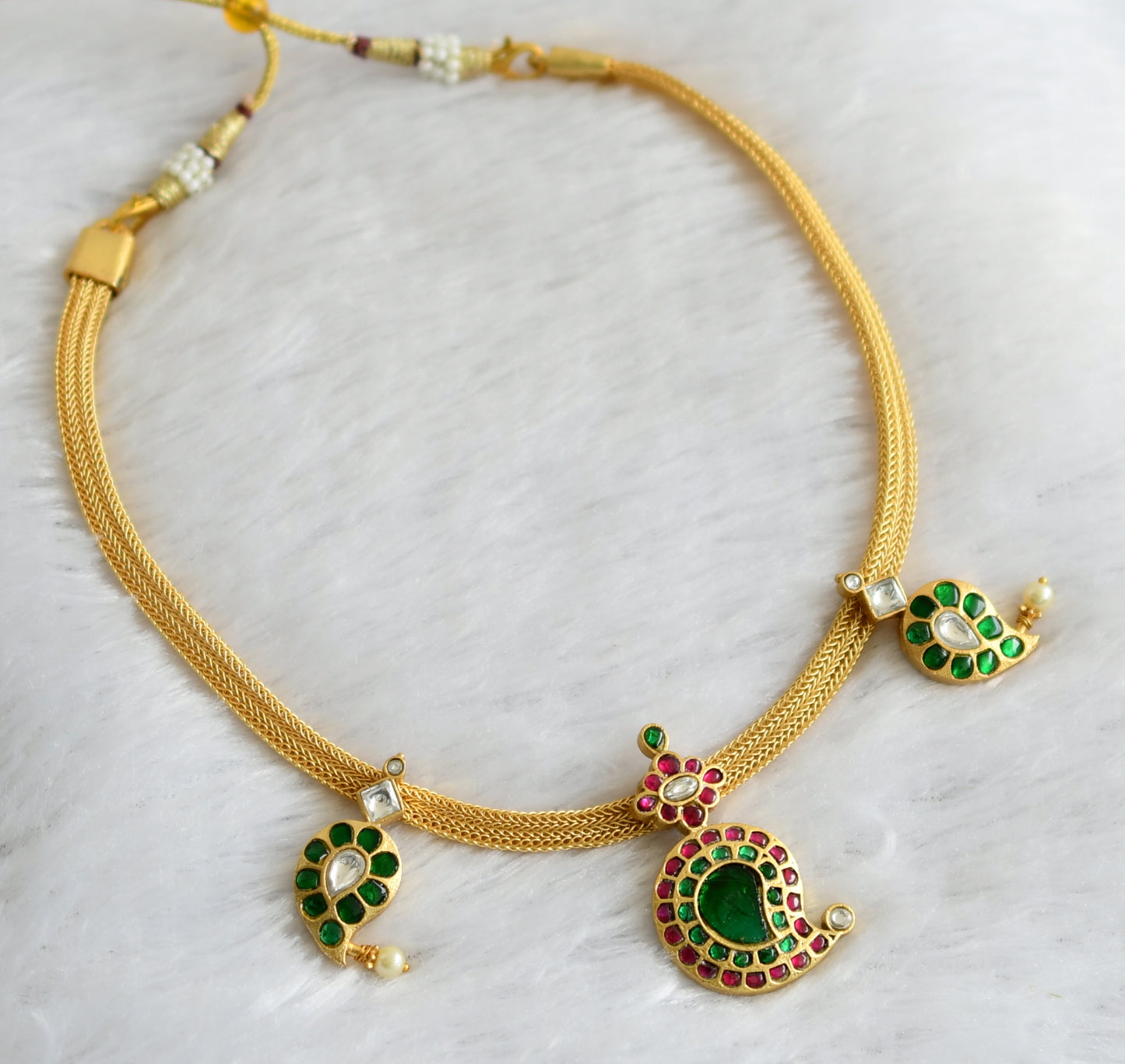 Gold tone pink-green-white kundan jadau mango necklace dj-47041