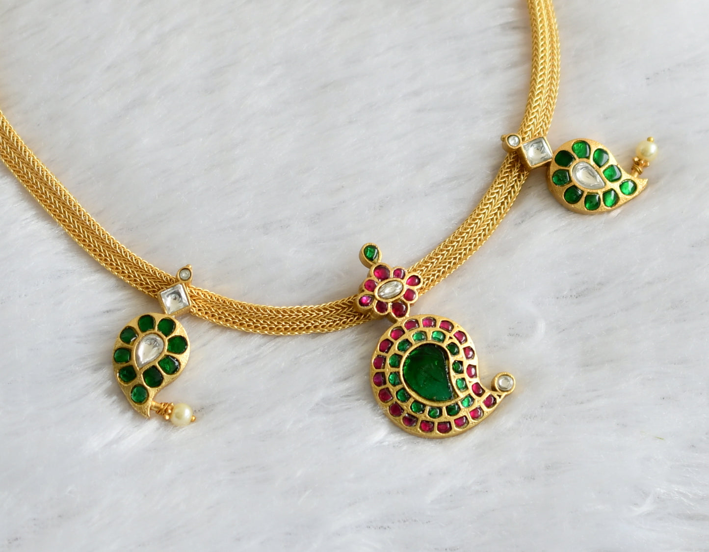 Gold tone pink-green-white kundan jadau mango necklace dj-47041